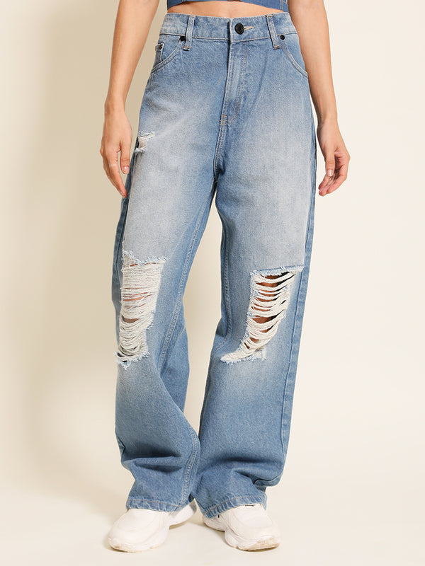 Women Blue Straight-Fit Solid Distressed Jeans