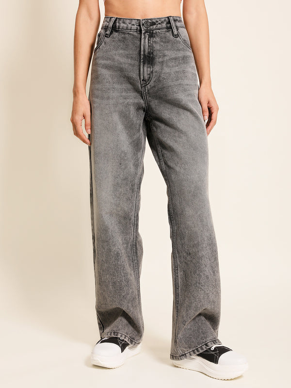 Women Charcoal Grey Relaxed Fit Solid Jeans