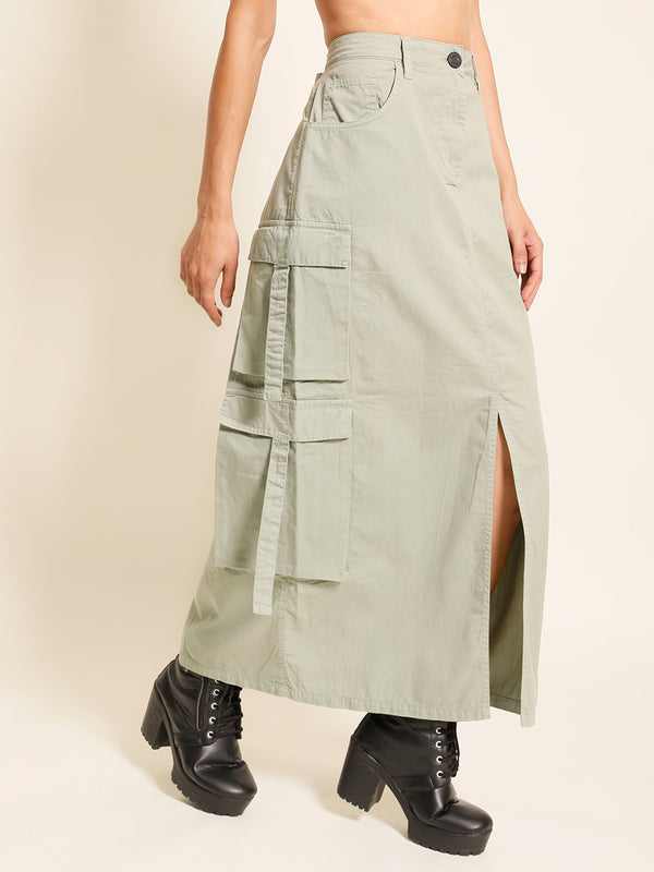Women Sage Regular-Fit Solid Cargo Skirt - With Front Slit