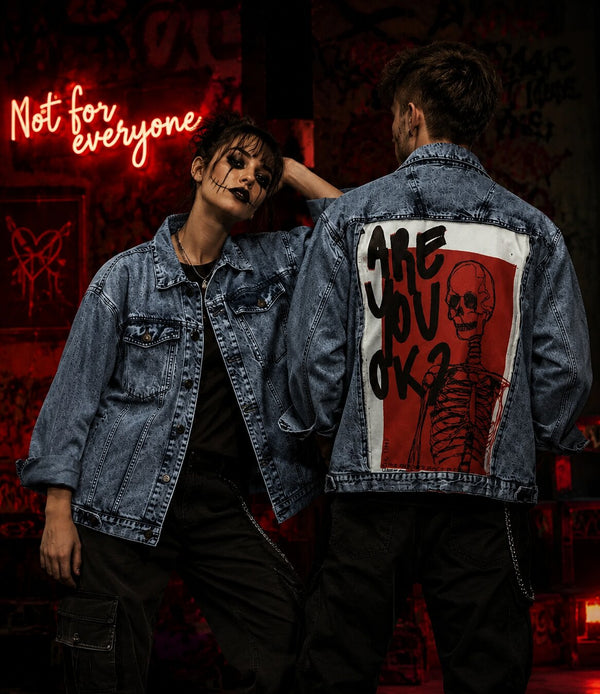 Unisex Mood Switch Oversized Denim Jacket with Swappable Graphic Patch