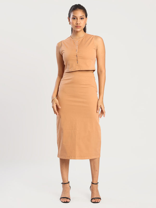 Women Caramel Sleeve less regular fit top and Skirt Coord Set