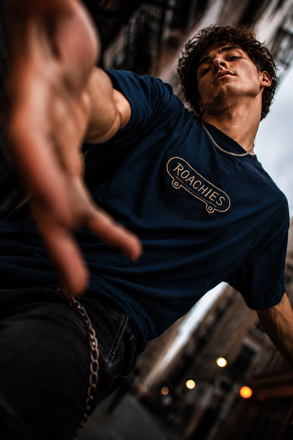 Men Navy Badged Oversized Half sleeves T-Shirt