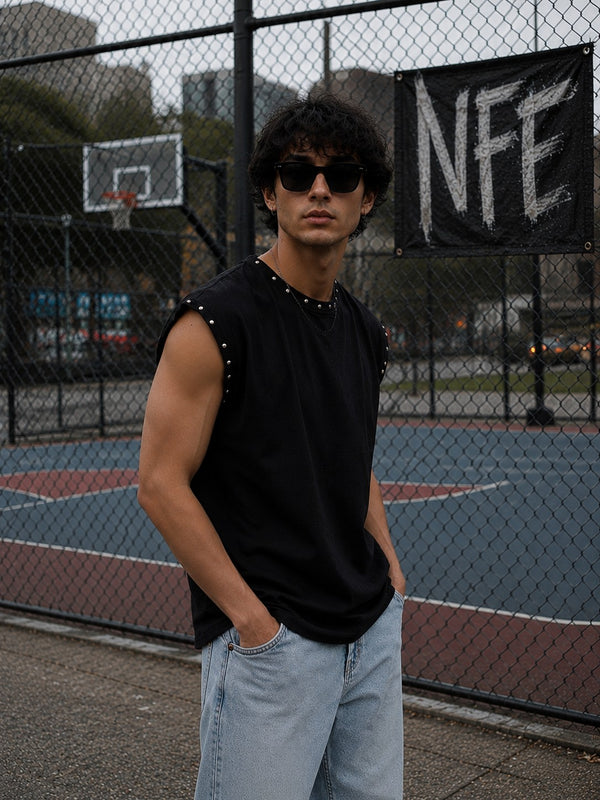Men Grey Oversized Acid Wash Embellished Sleeveless T-Shirt