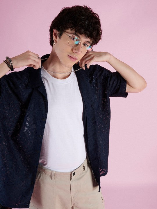 Men Oversized Fit Textured Cuban Collar Casual Shirt
