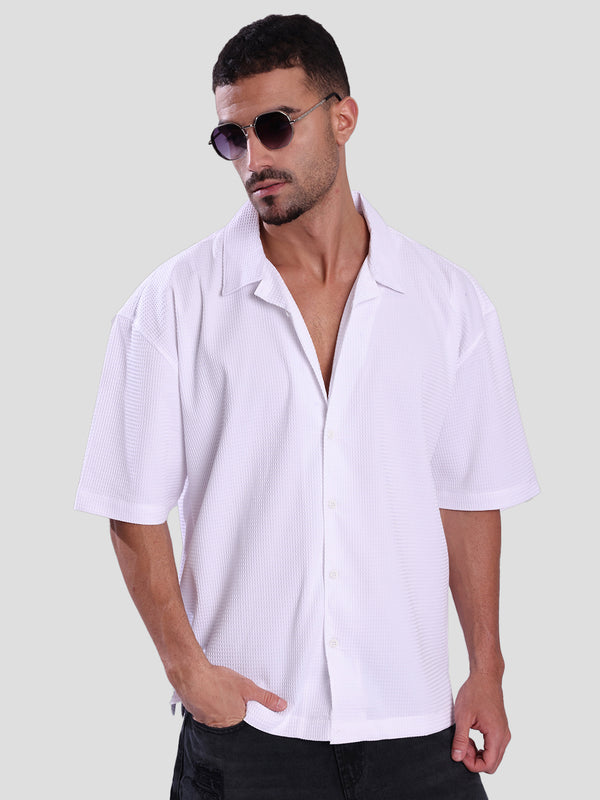 Oversized Waffle-Textured Cuban Collar Casual Shirt