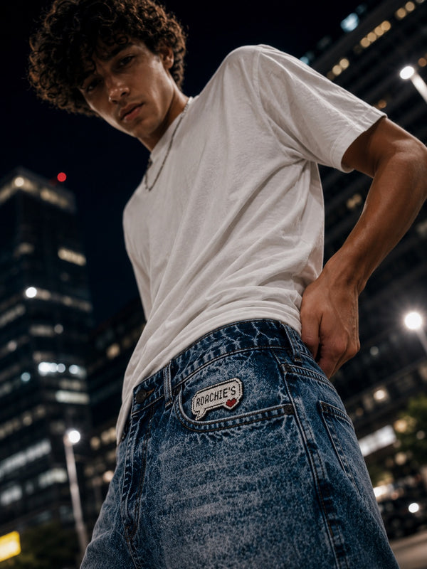 Men Blue Badge Heavy Washed Relaxed Fit Jeans