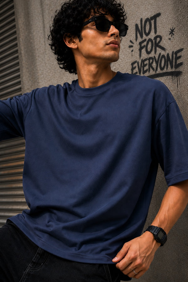 Men Solid Dust Blue Oversize Half sleeves T-shirt