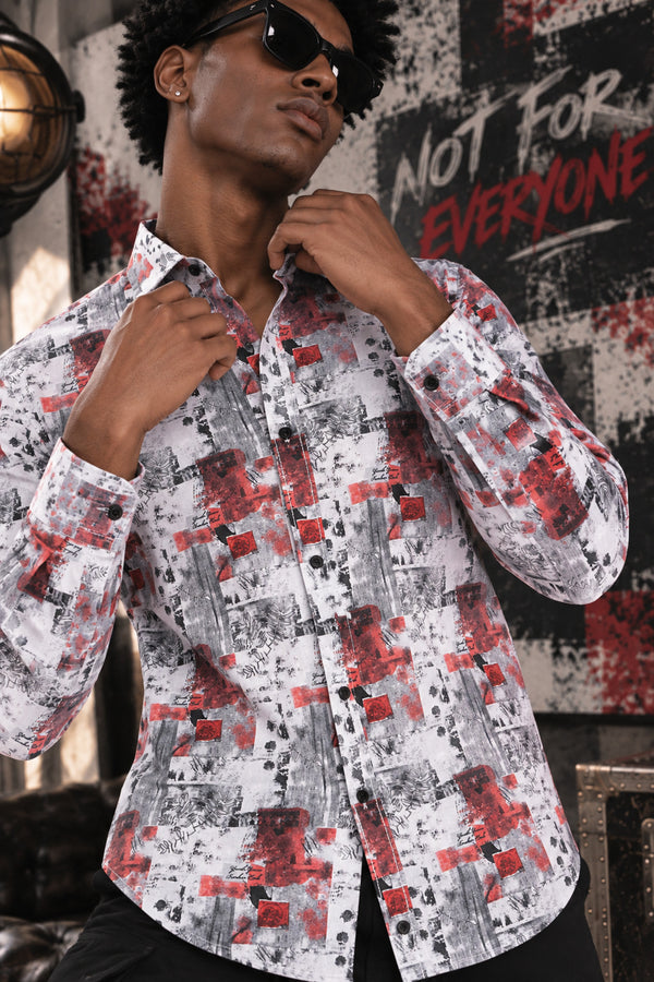 Men Grey and Red Abstract Print Slim Fit Shirt