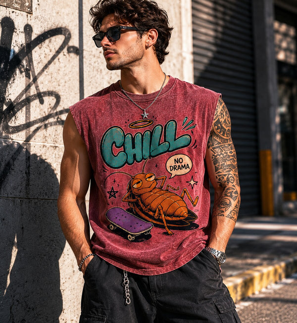 Men Pink Graphic acid wash oversized sleeveless T-shirt