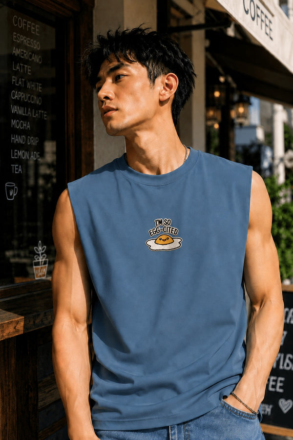 Men Blue Relaxed Fit Embroidered Sleeveless T-shirt