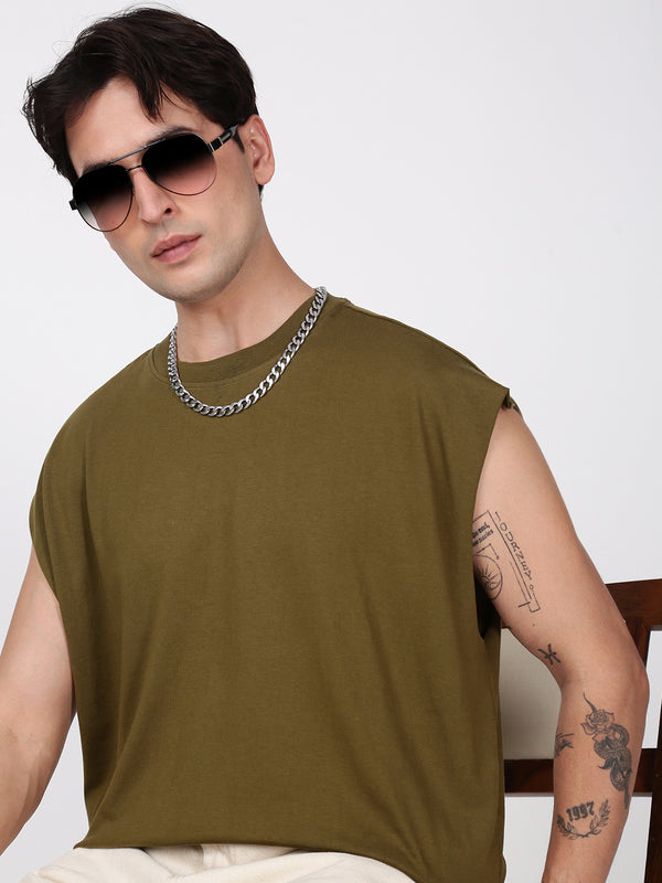 Men Solid Sleeveless Round Neck Oversized Pure Cotton T-Shirt