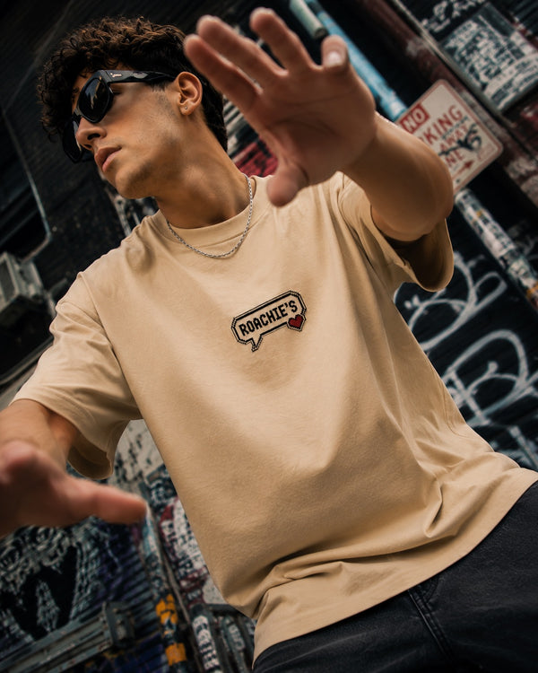 Men Beige Badged Oversized Half sleeves T-Shirt