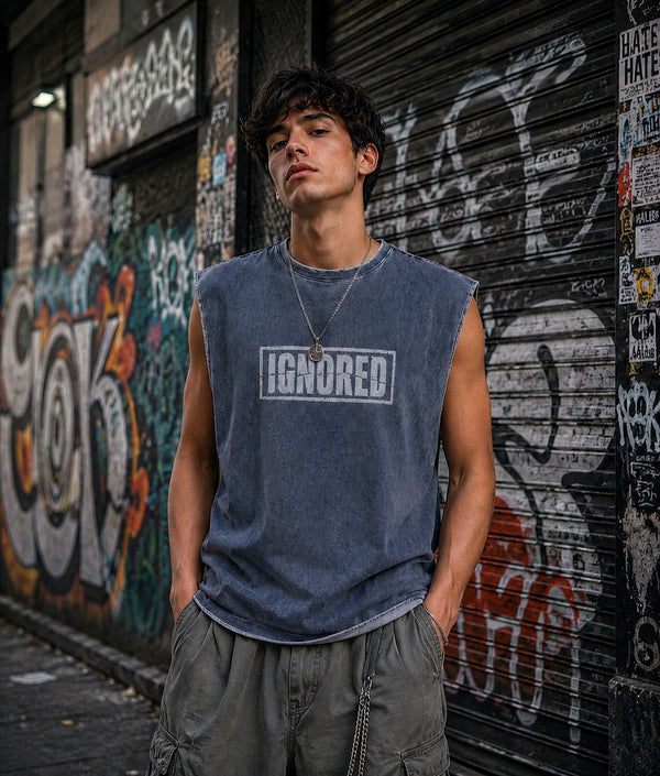 Men Blue Graphic Oversized Fit Acid Wash Dyed  Sleeveless T-Shirt
