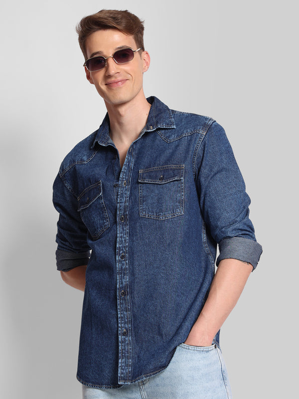 Men Regular Western Yoke Denim Shirt