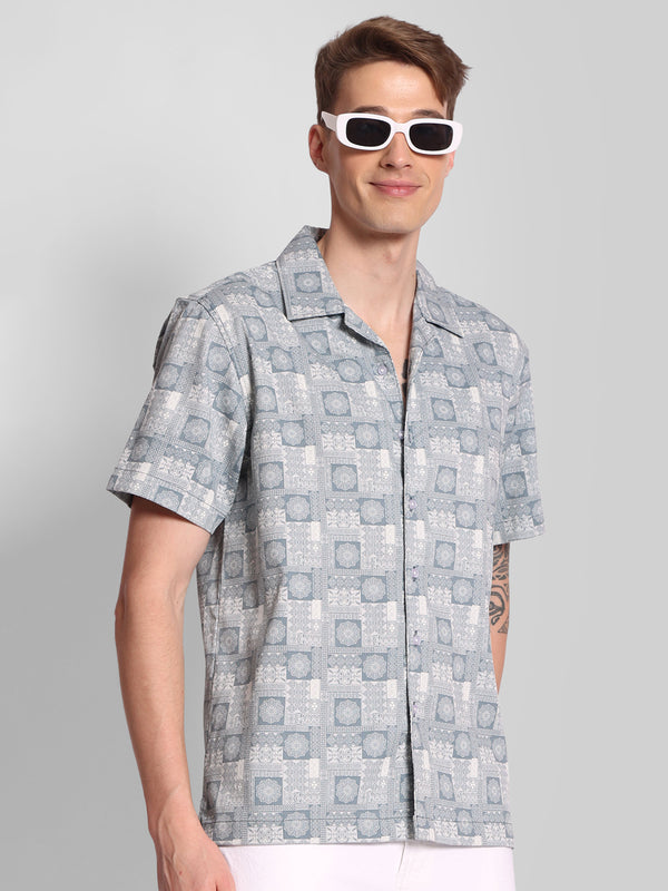 Men Relax Fit Printed Textured  Resort Collar Casual Half Sleeve Shirt