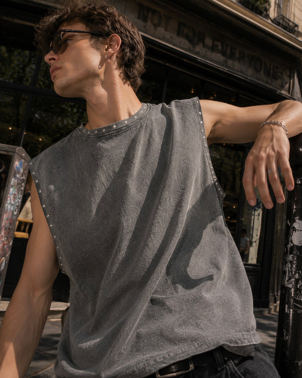 Men Grey Oversized Acid Wash Embellished Sleeveless T-Shirt
