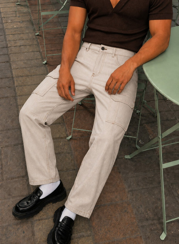 Men Ecru Relaxed Cargo Jeans with Contrast Stitch