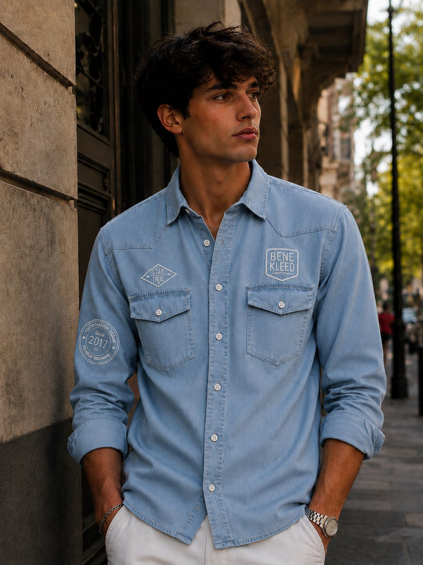 Men Light  Blue Regular Denim Badge Shirt