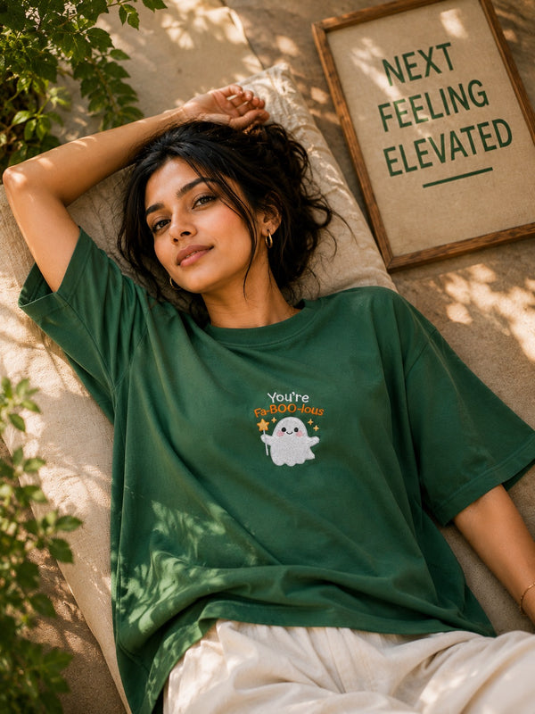 Women Green Oversize Embroidered T-shirt