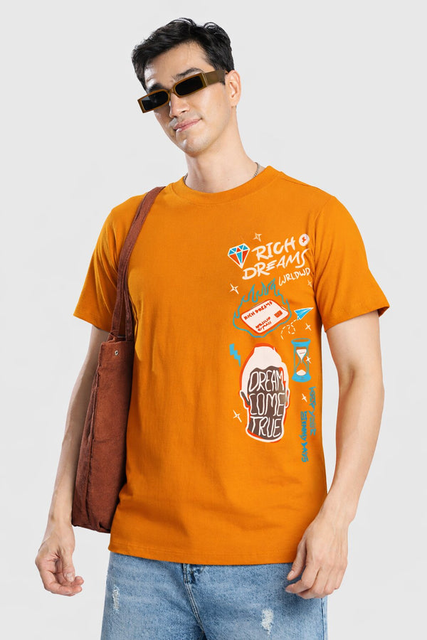 Men Orange Graphic Printed Regualr Fit T-Shirt