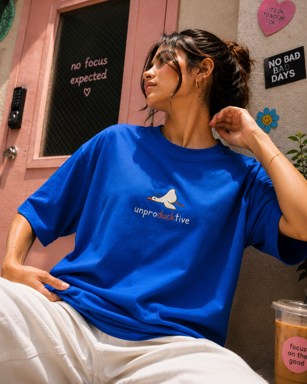 Women Blue Oversize Embroidered T-shirt