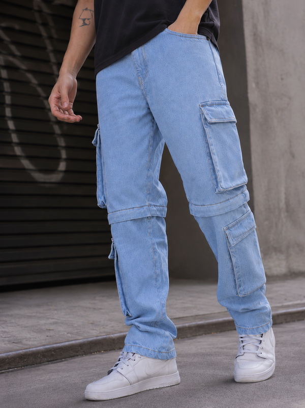 Men Blue Straight Convertible Cargo Denim Trouser