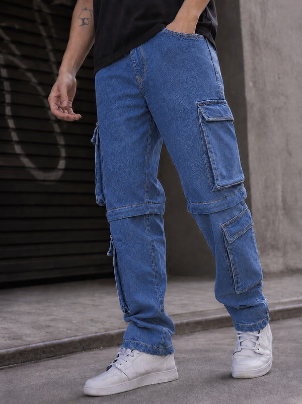 Men Navy Blue Straight Convertible Cargo Denim Trouser