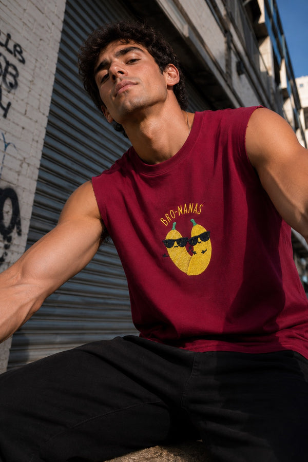Men Maroon Relaxed Embroidered Sleeveless T-Shirt