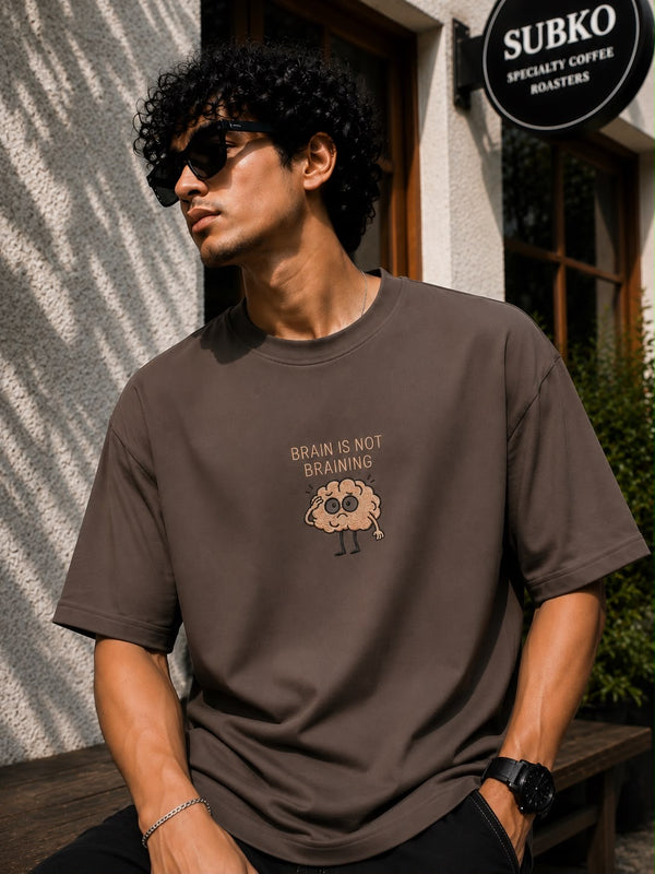 Men Brown Oversized Embroidered Half Sleeves T-Shirt