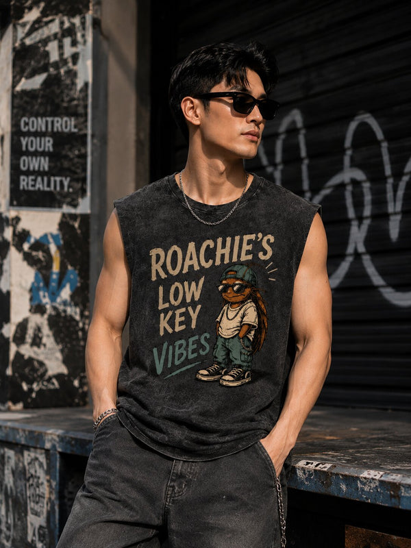 Men Grey Graphic acid wash oversized Sleeveless T-shirt