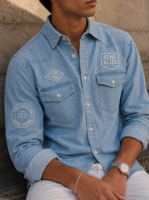 Men Light  Blue Regular Denim Badge Shirt