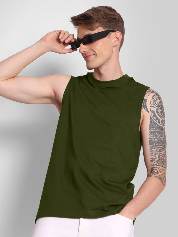 Men Cut And Sew Detail On Shoulder Sleevess Vest T-Shirt
