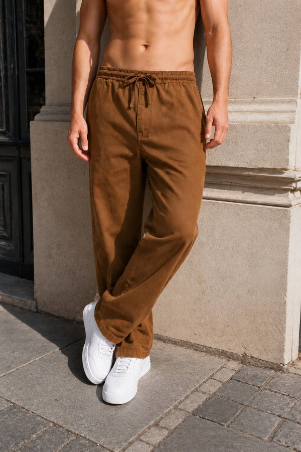 Men Brown Relaxed Fit Cotton Trousers with elasticated waistband