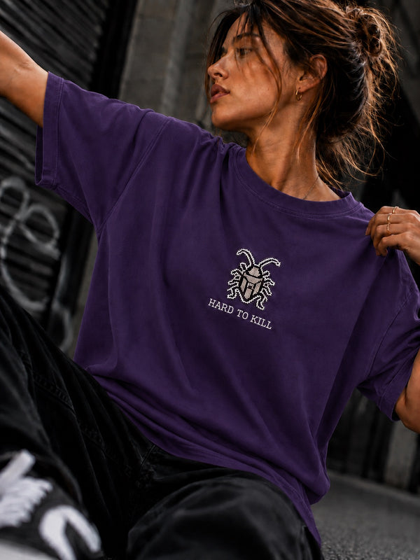 Women Purple Badge Embroidered Oversized Half sleeves T-Shirt
