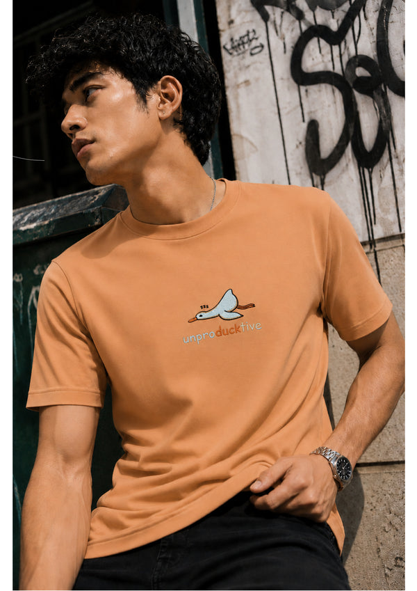 Men Orange Regular Fit Embroidered Half sleeves T-shirt