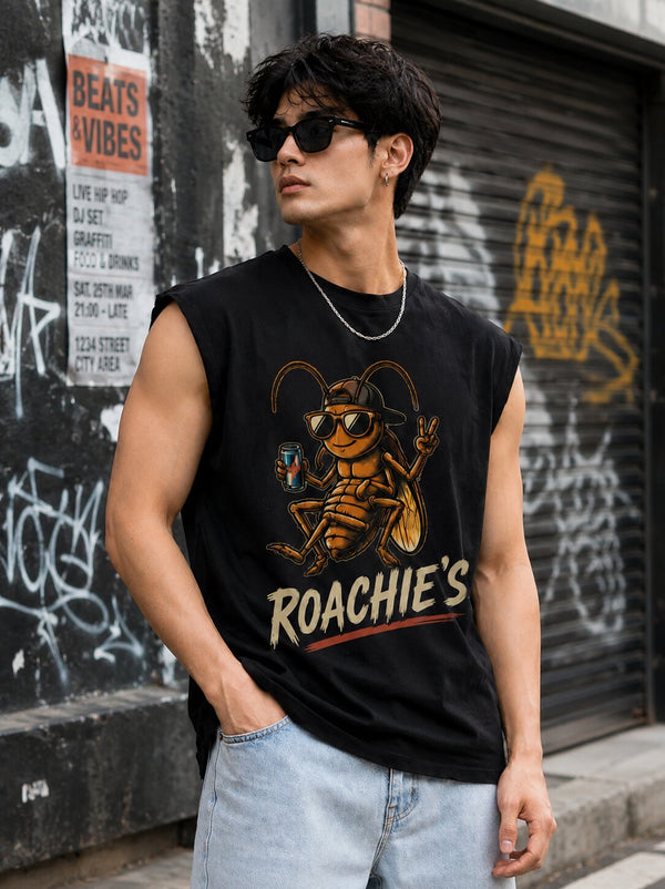 Men Black Graphic Oversized Sleevless T-shirt