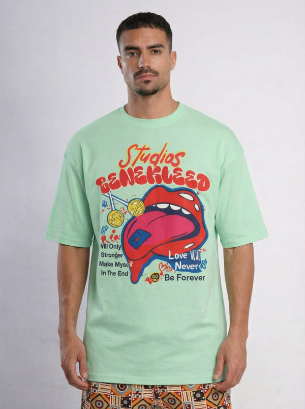 Men Mint Green Graphic Printed Oversized Fit T-Shirt