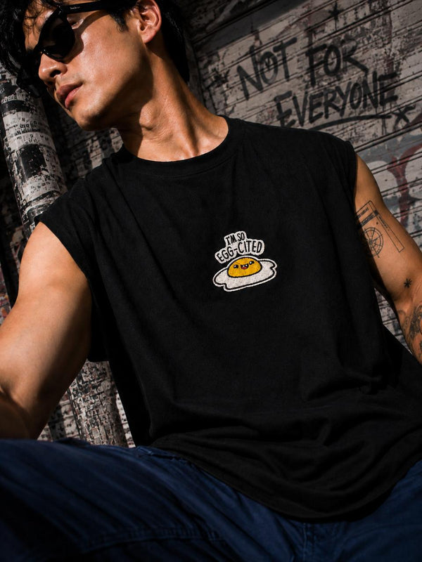 Men Black Oversize Embroidered Sleeveless T-shirt