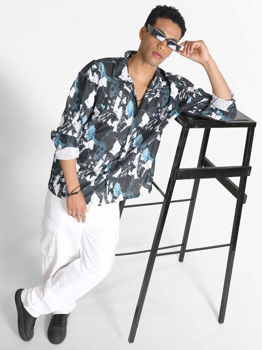 Men Black/Turquoise Oversize Casual Shirt