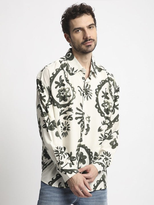 Men Classic Spread Collar Abstract Printed Oversized Casual Shirt